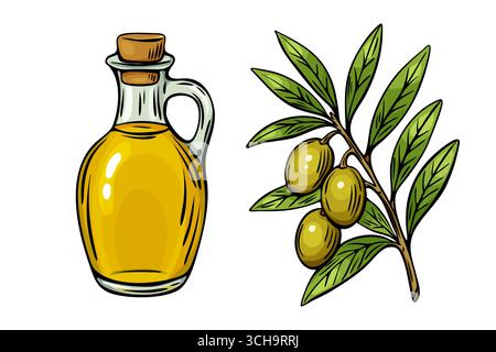 Illustrazione vettoriale della bottiglia di olio d'oliva con ramoscello d'oliva. Disegnato a mano in stile mediterraneo, ideale per il branding e il confezionamento di alimenti. Illustrazione Vettoriale