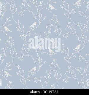 Motivo floreale senza cuciture con uccelli. Ramo con foglie texture ornamentale. Fiorente giardino estivo con sfondo testurizzato Illustrazione Vettoriale