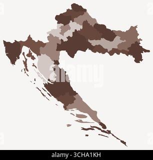Mappa della Croazia con le regioni. Solo una semplice mappa dei confini nazionali con divisione regionale. Tavolozza dei colori marrone. Illustrazione Vettoriale