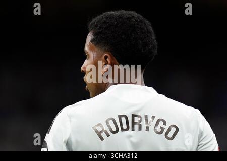 Madrid, Spagna. 30 agosto 2025. Rodrygo del Real Madrid CF durante la partita della Liga EA Sports tra il Real Madrid CF e l'RCD Mallorca giocata allo stadio Santiago Bernabeu il 30 agosto 2025 a Madrid. (Foto di Cesar Cebolla/PRESSIN) credito: PRESSINPHOTO SPORTS AGENCY/Alamy Live News Foto Stock