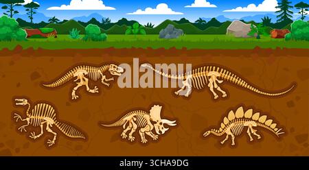 Archeologia e scienze paleontologiche, fossili di dinosauri negli strati del suolo. Concetto di vettore di Paleontologia con ossa di scheletro di dinosauri tirannosauro, ouranosaurus, triceratops, dravidosaurus e brontosaurus Illustrazione Vettoriale