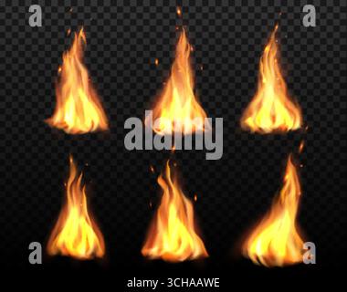 Fiamme realistiche di falò e falò, illuminano gli effetti del camino con fuoco vettoriale 3d, scintille e fumo. Fiamme gialle di falò o falò isolate su sfondo trasparente Illustrazione Vettoriale
