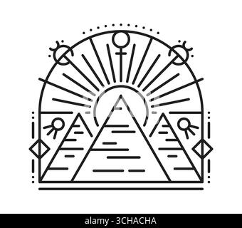 Piramidi dell'altopiano egiziano di Giza linea esoterica tatuaggio o stampa. Cultura egiziana boho tatuaggio vettoriale lineare, storia egiziana stampa tarocchi. Africa mitologia simbolo esoterico con tre piramidi e sole Illustrazione Vettoriale