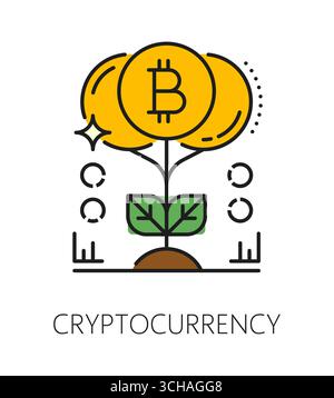 Investimento in criptovaluta, icona o etichetta della linea colore aziendale. Icona vettoriale del commercio e degli investimenti in criptovaluta, tecnologia blockchain delinea il simbolo o firma con Bitcoin Golden Coin Plant Illustrazione Vettoriale