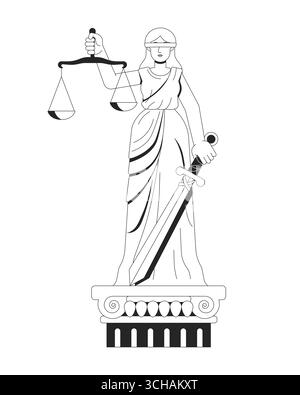 Lady Justice con spade e bilancia scale di illustrazione linea concetto Illustrazione Vettoriale