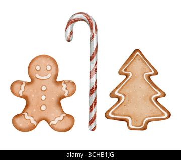 L'uomo di pan di zenzero, biscotti all'albero di Natale e canna da zucchero a righe. Disegno ad acquerello su sfondo bianco. Perfetto per biglietti d'auguri, confezioni, tovaglioli, arredi per la cucina, inviti, e il design natalizio. Foto Stock