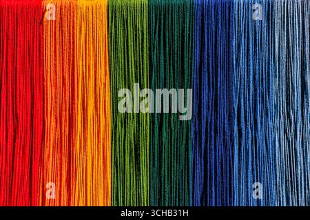 Vivaci filati di lana tinti naturalmente disposti in uno spettro arcobaleno, Danimarca Foto Stock