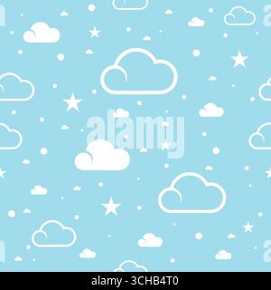 Bellissime nuvole senza cuciture e stelle continue su sfondo azzurro Illustrazione Vettoriale