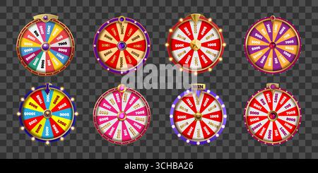 Ruota della roulette. Giro di gioco del casinò. Vinci un premio. Icona fortunata 3D. Gioco d'azzardo con la freccia. Lotteria e scommesse di denaro. Slot machine. Attrezzatura Vegas su sfondo trasparente. Set di oggetti isolati vettoriali Illustrazione Vettoriale