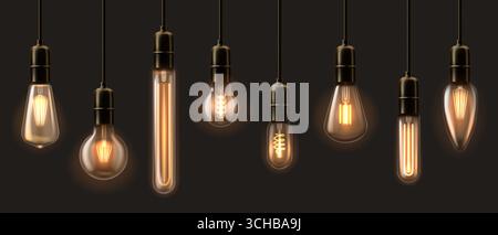 Lampadina. Lampada elettrica edison, filamento in filo retrò, effetto incandescente giallo vintage isolato su sfondo nero. Diverse lampadine a sospensione realistiche, simbolo di idee creative. Gruppo vettoriale Illustrazione Vettoriale