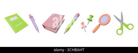 Icone della scuola 3D. Forniture per l'istruzione. Leggi il libro. Penna e matita. Libro di testo cartaceo. Forbici per cartoleria. Lente di ingrandimento per lo studio. Grazioso notebook o cancelleria. Strumenti per graffette. Set di oggetti di rendering pastello vettoriale Illustrazione Vettoriale