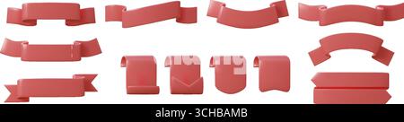 Nastro rosso. banner 3d, titolo tag di vendita o fascia di etichette promozionali. Insegna a nastro a colori, elementi decorativi a strisce con cornice a onde. Nastri piegati a curva vuoti. Rendi segno lucido. Set isolato vettoriale Illustrazione Vettoriale
