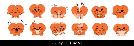 Cuore carino. Adesivi di amicizia, icone d'amore, comunità sana felice o triste. Tessera di vacanza per il bambino, la festa di coppia. Kawaii sorride carattere. Illustrazione isolata in stile cartoni animati. Concetto vettoriale Illustrazione Vettoriale