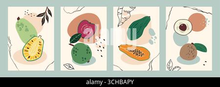 Poster di frutta. Sfondo astratto con durian, papaya esotica, lychee e mela, cibo tropicale estivo dolce e fresco biologico. Collezione di banner design. Illustrazione botanica isolata piatta di cartoni animati vettoriali Illustrazione Vettoriale