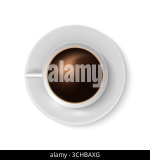 Tazza da caffè 3D. Vista dall'alto realistica tazza sul piatto con bevanda americana calda. Stoviglie in porcellana di ceramica bianca. Bevanda mattutina espresso. Servizio di stoviglie. Icona di rendering Cafe. Illustrazione isolata vettoriale Illustrazione Vettoriale