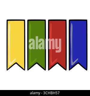 Un'illustrazione vettoriale di quattro pennant colorati disegnati a mano, ciascuno in un colore diverso e vibrante: Giallo, verde, rosso e blu, con un divertente, leggermente Illustrazione Vettoriale