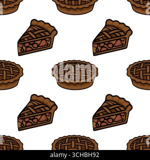 Motivo vettoriale senza cuciture con torte marroni intere e affettate con crosta a reticolo, perfetto per i disegni autunnali o a tema del Ringraziamento. Illustrazione Vettoriale