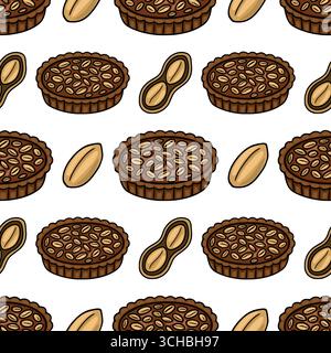 Motivo vettoriale senza cuciture di deliziose crostate e arachidi al burro di arachidi al cioccolato, perfetto per il confezionamento, il tessuto o i disegni relativi agli alimenti. Illustrazione Vettoriale