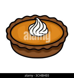 Una deliziosa illustrazione vettoriale di una torta di zucca con un turbinio di panna montata, presentata in stile cartoni animati con contorni audaci e caldo colon autunnale Illustrazione Vettoriale