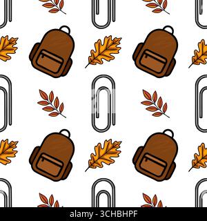 Motivo vettoriale senza cuciture con zaini marroni, foglie autunnali e graffette, per un look accattivante per il back-to-School o l'autunnale. Illustrazione Vettoriale