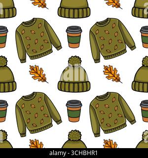 Motivo vettoriale senza cuciture con capi di abbigliamento autunnali: Maglioni verde oliva ornati con foglie d'arancia, beanies abbinati a pompon e takeaw Illustrazione Vettoriale