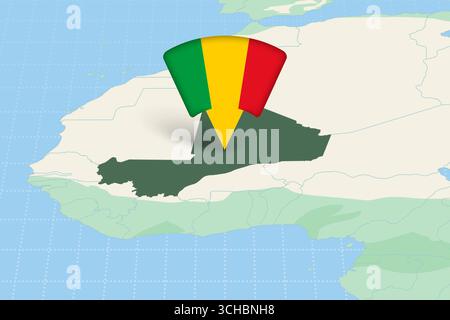 Posizione del Mali evidenziata sulla mappa africana con l'icona della bandiera. Progettazione vettoriale dettagliata. Illustrazione Vettoriale