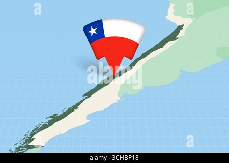 Località del Cile evidenziata sulla mappa americana con l'icona della bandiera. Progettazione vettoriale dettagliata. Illustrazione Vettoriale