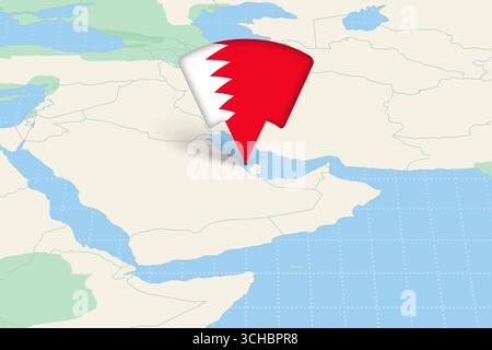 Posizione del Bahrein evidenziata sulla mappa asiatica con icona bandiera. Progettazione vettoriale dettagliata. Illustrazione Vettoriale