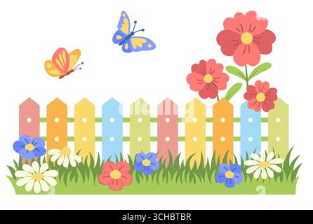 Recinzione colorata con fiori, erba e farfalle Illustrazione Vettoriale