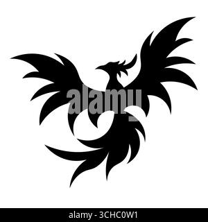 Uccello Phoenix. Illustrazione della silhouette. Silhouette nera di un maestoso uccello phoenix con ali spalmate e piume decorative. Illustrazione Vettoriale