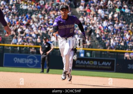 Agosto 31 2025: Ryan Ritter (8), seconda base del Colorado, gioca durante la partita tra Chicago Cubs e Colorado Rockies giocata al Coors Field di Denver Co. David Seelig/Cal Sport medi Foto Stock