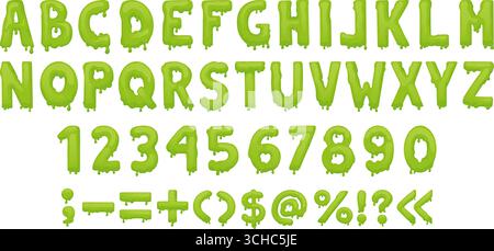 Lettere finte. Alfabeto liquido, numeri e segni di punteggiatura. Radioattivo verde isolato tossico abc. Lettera di Halloween per decorazioni, striscioni, poster, neo Illustrazione Vettoriale