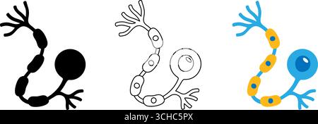 Illustrazione di tre neuroni con silhouette, contorno e versione a colori piatti. Mostra la struttura delle cellule nervose con assoni e dendriti Illustrazione Vettoriale