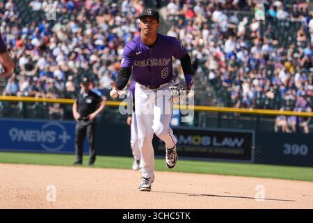 Agosto 31 2025: Ryan Ritter (8), seconda base del Colorado, gioca durante la partita tra Chicago Cubs e Colorado Rockies giocata al Coors Field di Denver Co. David Seelig/Cal Sport medi Foto Stock