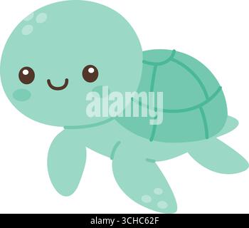 Tartaruga marina con il viso sorridente. Illustrazione di animali marini vettoriali piatti, perfetta per i bambini con design a tema oceano Illustrazione Vettoriale