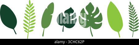 Foglie tropicali assortite. Silhouette botaniche per progetti grafici estivi e a tema giungla Illustrazione Vettoriale