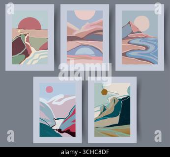 Una collezione d'arte del paesaggio astratto con colori di vernice morbidi e sottili per l'esposizione Illustrazione Vettoriale