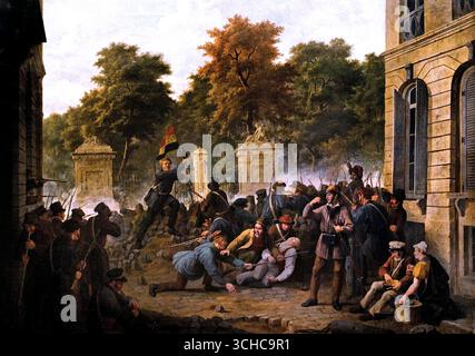 Scena della rivoluzione del 1830 di Constantin Fidèle Coene 1779-1841 Belgio fiammingo belga (la rivoluzione del 1830, chiamata anche Rivoluzione di luglio, fu una ribellione popolare in Francia che rovesciò re Carlo X, sostituendolo con suo cugino Luigi Filippo. Fu scatenata dall'emissione di ordinanze restrittive da parte di Carlo X che sfidavano la costituzione e le libertà limitate. I successivi tre giorni di combattimenti a Parigi portarono all'abdicazione di Carlo X e alla creazione di una monarchia costituzionale più liberale.) Il successo della rivoluzione ha ispirato altre rivolte liberali in tutta Europa, Foto Stock