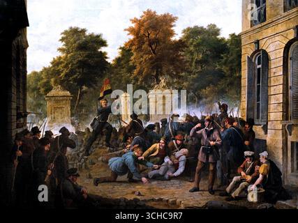 Scena della rivoluzione del 1830 di Constantin Fidèle Coene 1779-1841 Belgio fiammingo belga (la rivoluzione del 1830, chiamata anche Rivoluzione di luglio, fu una ribellione popolare in Francia che rovesciò re Carlo X, sostituendolo con suo cugino Luigi Filippo. Fu scatenata dall'emissione di ordinanze restrittive da parte di Carlo X che sfidavano la costituzione e le libertà limitate. I successivi tre giorni di combattimenti a Parigi portarono all'abdicazione di Carlo X e alla creazione di una monarchia costituzionale più liberale.) Il successo della rivoluzione ha ispirato altre rivolte liberali in tutta Europa, Foto Stock