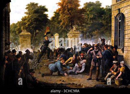 Scena della rivoluzione del 1830 di Constantin Fidèle Coene 1779-1841 Belgio fiammingo belga (la rivoluzione del 1830, chiamata anche Rivoluzione di luglio, fu una ribellione popolare in Francia che rovesciò re Carlo X, sostituendolo con suo cugino Luigi Filippo. Fu scatenata dall'emissione di ordinanze restrittive da parte di Carlo X che sfidavano la costituzione e le libertà limitate. I successivi tre giorni di combattimenti a Parigi portarono all'abdicazione di Carlo X e alla creazione di una monarchia costituzionale più liberale.) Il successo della rivoluzione ha ispirato altre rivolte liberali in tutta Europa, Foto Stock