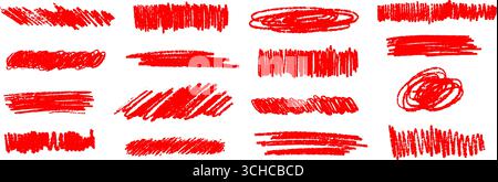 Set di forma del pennello grunge rosso. Collezione di sottolineature e enfasi del pastello disegnato a mano. Spaghetti a matita pastello bagnati o asciutti e scarabocchi. Scrawles e scoiattoli disegnati a carboncino grezzo vettoriale Illustrazione Vettoriale