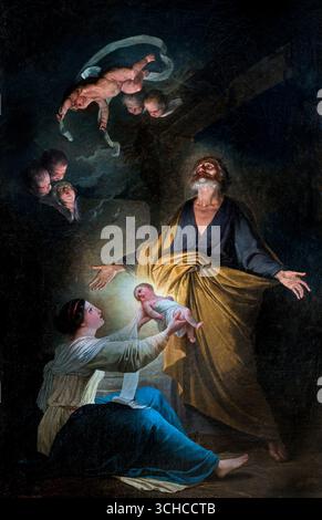 Sacra famiglia Natività 1785-1791 Joseph Benoît Suvée (1743-1807) Museo belga del Belgio ( Natività, si riferisce alla, nascita di Gesù, la figura centrale della religione del cristianesimo, celebrare la Natività , durante, Natale, ) Foto Stock