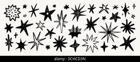 Set di stelle in pastello nero disegnate a mano con trama a matita in varie forme e stili a doodle. Illustrazione del set di stelle pastello per adesivi, tessuto, stampa Illustrazione Vettoriale