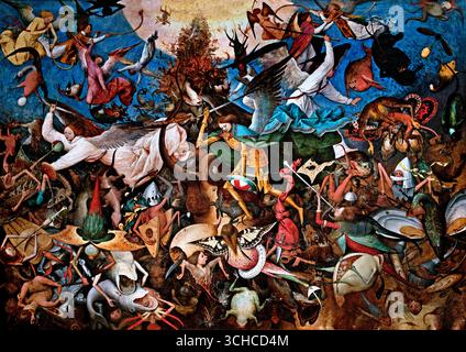 La caduta degli Angeli ribelli di Pieter i Brueghel 1527-1569 Belgio fiammingo belga (un mix apparentemente inestricabile di persone e forme si offre al nostro sguardo sconcertato. Emergendo da profondità lontane in un alone di luce, i mostri vengono lanciati sulla terra come da un'onda di rottura. Gli angeli li combattono, guidati da San Michele, magro come un rastrello nella sua armatura dorata, colpendo con la spada il drago con le sette teste coronate su cui ha il suo appoggio. Il combattimento dell' arcangelo con gli angeli caduti è descritto nel Libro dell' Apocalisse Foto Stock