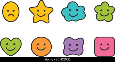 Set di icone colorate per il viso di Doodle: Divertenti forme di cartoni animati ed Emotions Vector Collection Illustrazione Vettoriale
