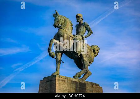 Storica statua equestre in bronzo di Hans Waldmann, un monumento del 1937 con la tradizionale architettura europea nell'Altstadt, Zurigo, Svizzera Foto Stock