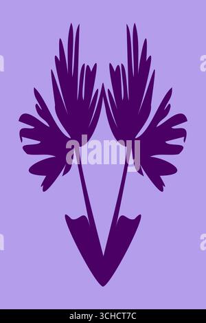 Motivo floreale elegante e pulito con petali viola specchiati su sfondo lavanda. Questo design vettoriale simmetrico utilizza il grassetto argentato Illustrazione Vettoriale