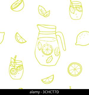 Motivo grafico limonata senza cuciture in stile minimalista. Illustrazione di un doodle disegnato a mano con brocca e bicchieri di limonata, fette di limone e menta nel limone Illustrazione Vettoriale