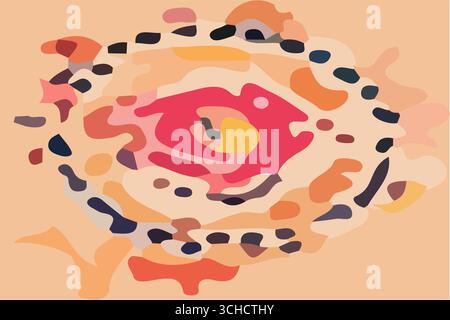 Un vibrante design astratto vettoriale caratterizzato da una forma centrale magenta fluente circondata da anelli di puntini e lobi colorati. Ispirati alle forme cellulari, Illustrazione Vettoriale