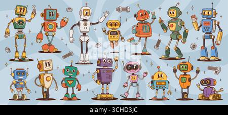 Robot e personaggi droidi. Set vettoriale di cyborg d'epoca dei cartoni animati con volti espressivi, parti meccaniche, ingranaggi, fili e antenne, che evocano un'atmosfera giocosa e retrò futuristica y2k . Illustrazione Vettoriale